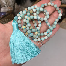 Load image into Gallery viewer, Matte Black Gold Amazonite 108 6mm Beads Handmade with Light Blue Tassel #01