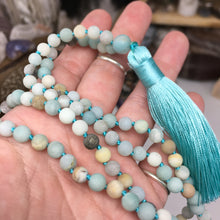 Load image into Gallery viewer, Matte Black Gold Amazonite 108 6mm Beads Handmade with Light Blue Tassel #01