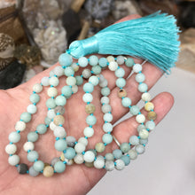 Load image into Gallery viewer, Matte Black Gold Amazonite 108 6mm Beads Handmade with Light Blue Tassel #02