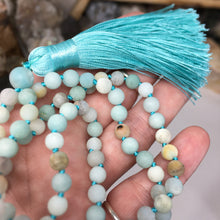 Load image into Gallery viewer, Matte Black Gold Amazonite 108 6mm Beads Handmade with Light Blue Tassel #02