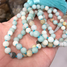 Load image into Gallery viewer, Matte Black Gold Amazonite 108 6mm Beads Handmade with Light Blue Tassel #02