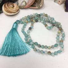 Load image into Gallery viewer, Matte Black Gold Amazonite 108 6mm Beads Handmade with Light Blue Tassel #02