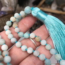 Load image into Gallery viewer, Matte Black Gold Amazonite 108 6mm Beads Handmade with Light Blue Tassel #02