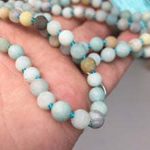 Load image into Gallery viewer, Matte Black Gold Amazonite 108 6mm Beads Handmade with Light Blue Tassel #02
