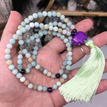 Load image into Gallery viewer, Matte Black Gold Amazonite and Amethyst 108 6mm Beads Handmade with Light Green Tassel