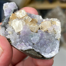 Chargez l'image dans la visionneuse de la galerie, Amethyst Crystals and Chabazite on Sparkling Quartz Chalcedony in Basalt - India Specimen #17