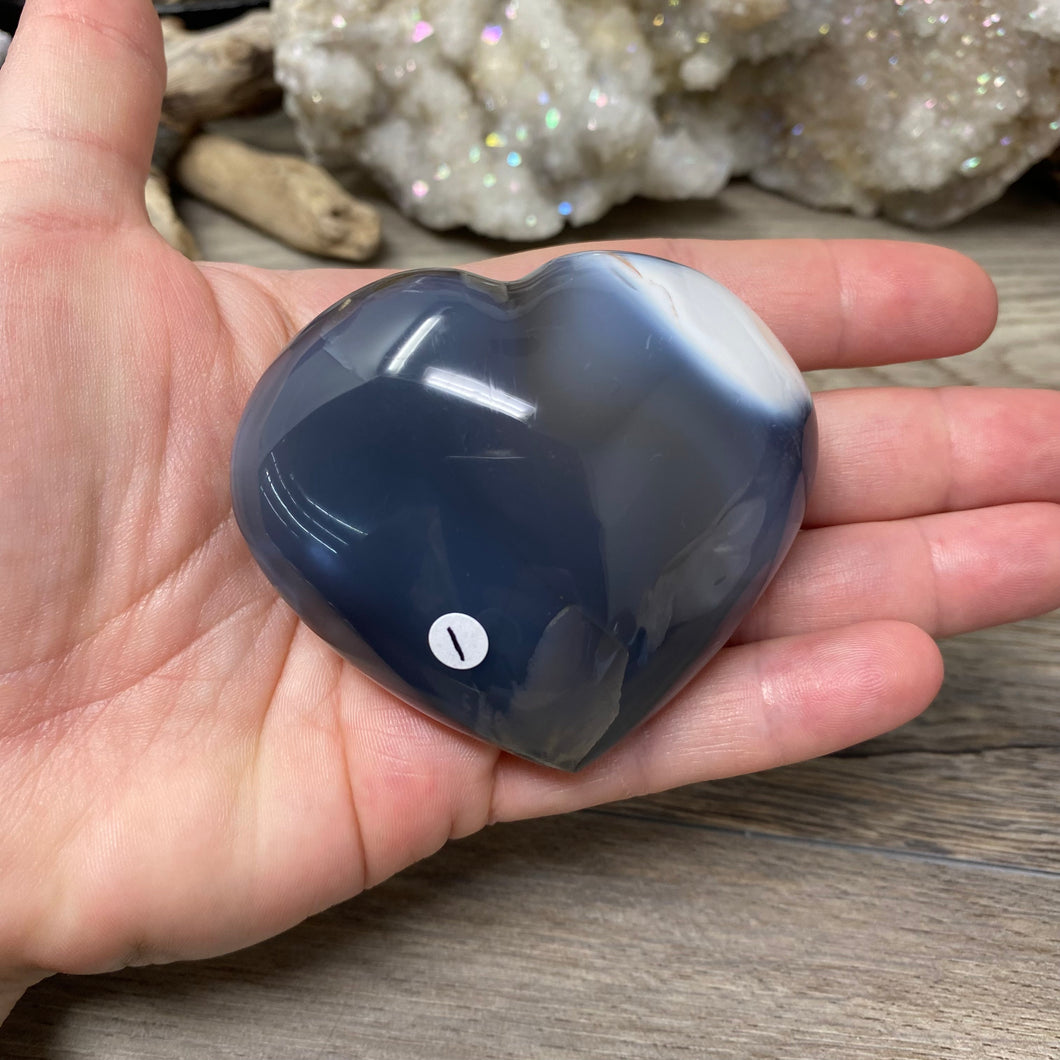 Orca ~ Blue Agate Heart Palm Stone #01