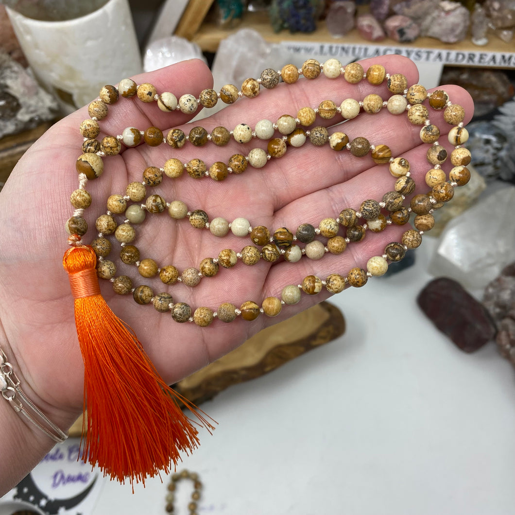 Picture Jasper 108 6mm Beads Handmade with Orange Tassel
