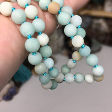 将图像加载到图库查看器中，Matte Black Gold Amazonite 108 6mm Beads Handmade with Light Blue Tassel #01
