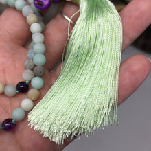 Bild in Galerie-Viewer laden, Matte Black Gold Amazonite and Amethyst 108 6mm Beads Handmade with Light Green Tassel
