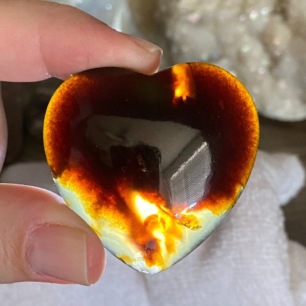 Amber Puffy Heart Palm Stone #05 *chipped tip